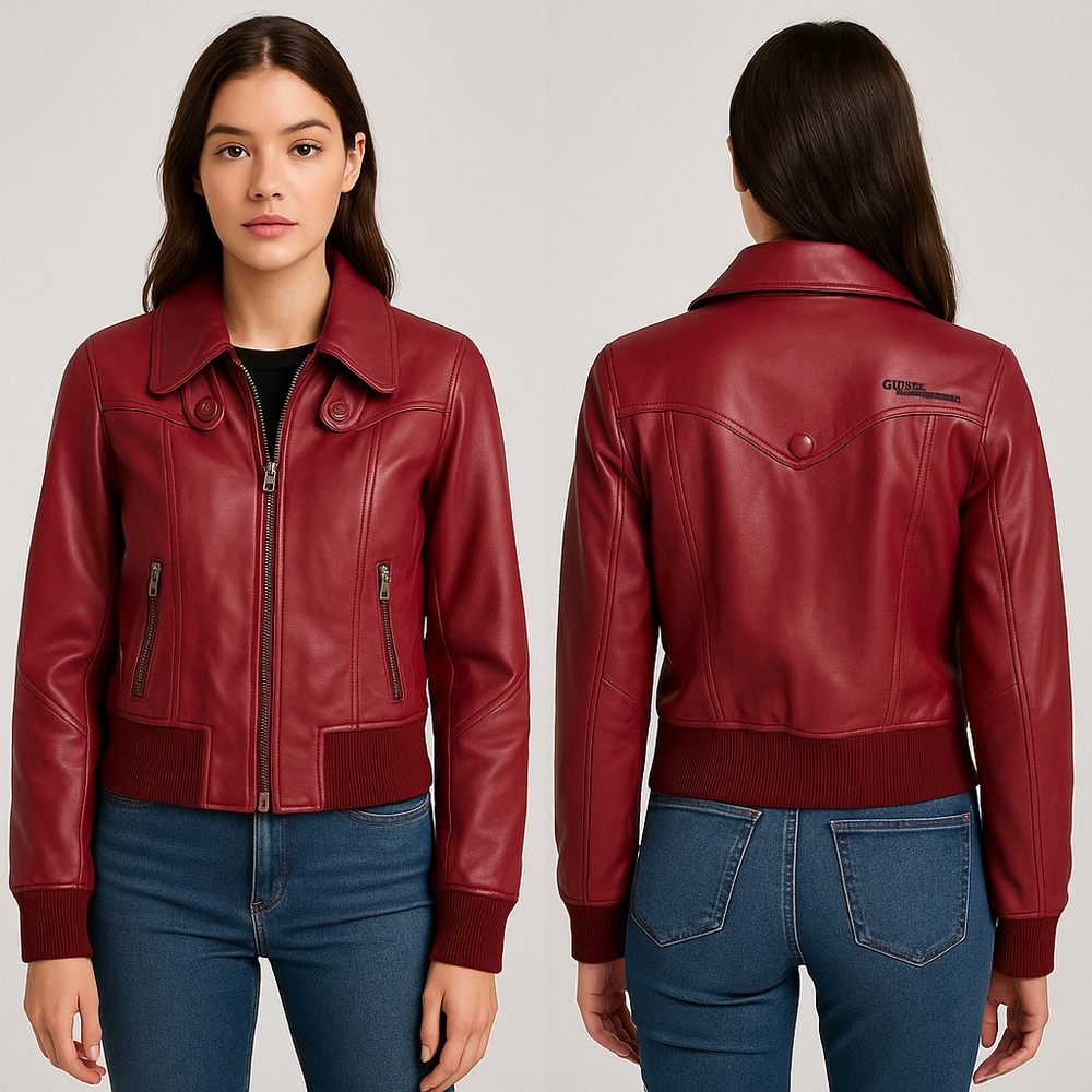 Vintage Y2K Guess 100% Leather Deep Red Burgundy Bomber Jacket Knit Trim Size XS